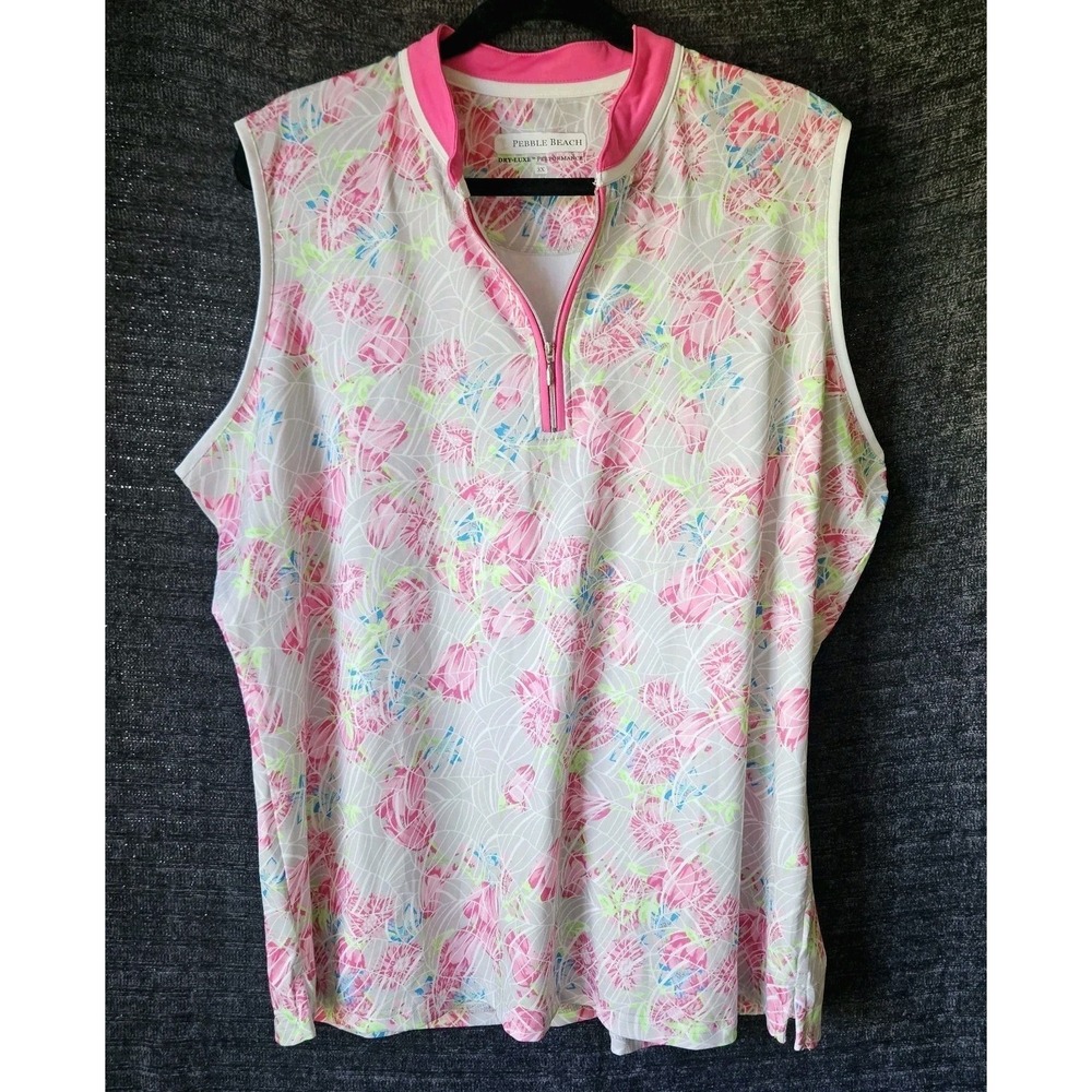 Pebble Beach Polo Shirt Size 3X Sleeveless Golf Pink Collared V Neck Tulips